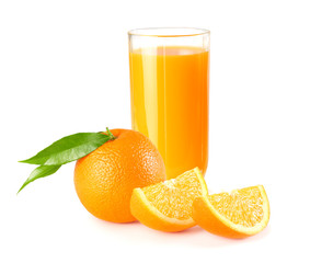 orange juice with orange slices and green leaf isolated on white background. juice in glass