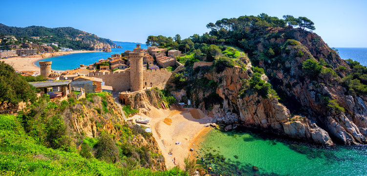 Tossa de Mar, sand beach and Old Town walls, Catalonia, Spain