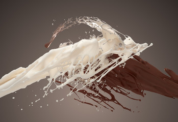 White Milk And Chocolate Splashing On Dark Background