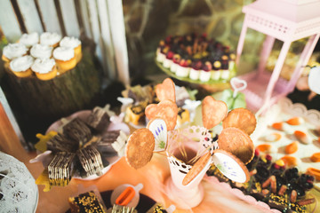 Different kinds of baked sweets on a buffet
