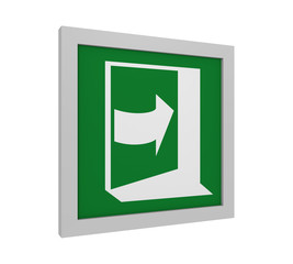 Rettungszeichen (T&uuml;r &ouml;ffnen durch dr&uuml;cken auf der rechten Seite) nach ASR (A1.3) / ISO. Seitenansicht, 3d Render