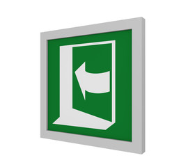 Rettungszeichen (T&uuml;r &ouml;ffnen durch dr&uuml;cken auf der linken Seite) nach ASR (A1.3) / ISO. Seitenansicht, 3d Render