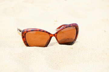 Sunglasses are on sand. Glass lenses are inserted into a casing of color of a tiger.