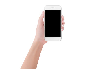 woman hand holding white smart phone with blank space of screen display, smart phone and mockup concept, Isolated on white background,
