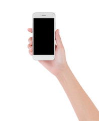 woman hand holding white smart phone with blank space of screen display, smart phone and mockup concept, Isolated on white background,