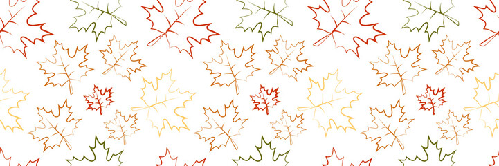 Pattern with autumn multi-colored maple leaves. Autumnal background from leaves with multi-colored outlines without filling