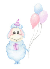 Cute blue cartoon character lamb with balloons and gift box hand drawn watercolor illustration on a white background isolated
