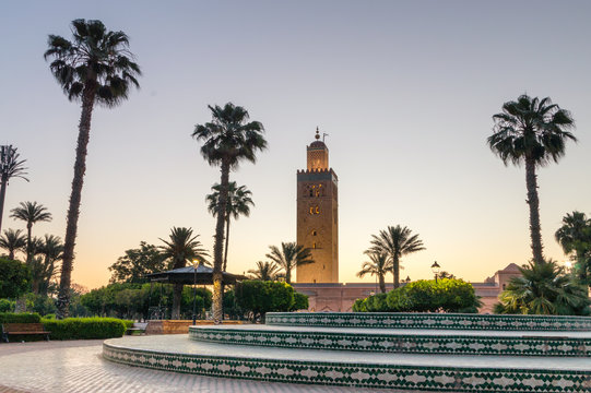 Minaret of Koutoubia Mosque in the morning in Marrakech, Morocco. View of Minaret from Parc Lalla Hasna.