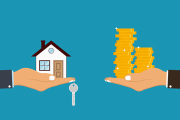 Hand holds house and key on finger and giving, receiving golden coins from other hand. Concept for home agent, sale and rent of a house and buyer or customer. Vector illustration. - obrazy, fototapety, plakaty