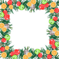 Christmas wreath frame of twigs and holiday decorations.