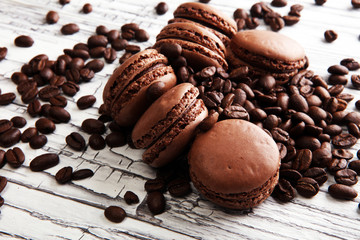 Sweet and colourful french macaroons or macaron with coffee