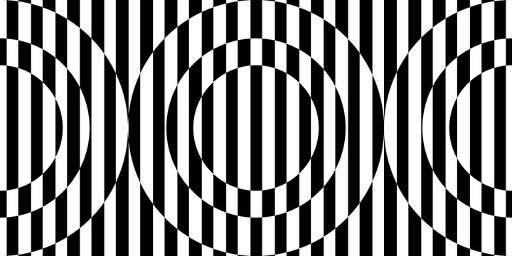 Abstract black and white striped background. Geometric seamless pattern with visual distortion effect. Optical illusion. Op art.