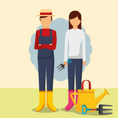 gardeners man and woman with watering can and forks vector illustration