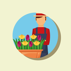 gardener portrait with hat and potted flowers gardening vector illustration