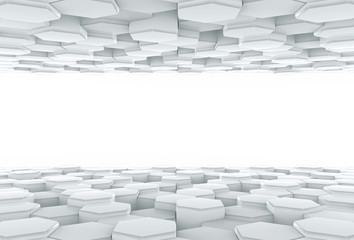 3d rendering. white copy space among futuristic hexagonal shape tile pattern background.