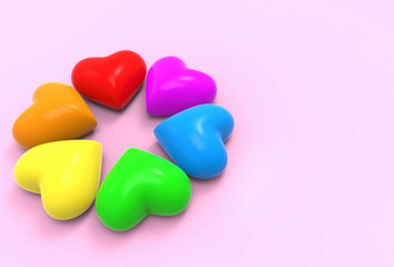 Fototapeta premium 3d rendering. lgbt rainbow colorful heart shape objects on copy space pink background.