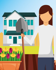 gardener woman with shovel garden flowers and house vector illustration