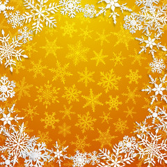 Christmas illustration with circle frame of big white snowflakes with shadows on yellow background