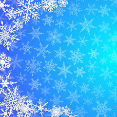 Christmas illustration with semicircle of big white snowflakes with shadows on light blue background