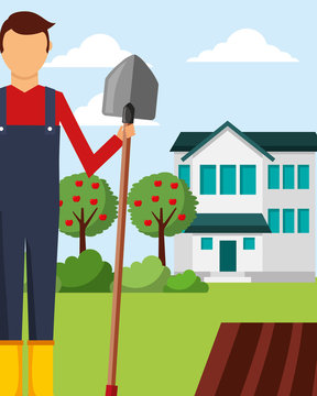 gardener man holds shovel apple trees and house gardening vector illustration