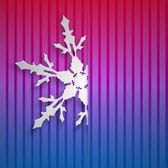 Christmas illustration with one white big snowflake which protrudes from the cut on a striped background in blue and purple colors