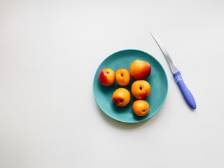 Nectarine Top view Six nectarines are lying on a blue plate on a white background Trendy minimalist photo for posters, banners with copy space