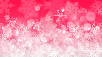 Christmas illustration with white blurred snowflakes, glare and sparkles on red background