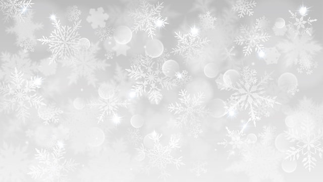 Christmas illustration with white blurred snowflakes, glare and sparkles on gray background