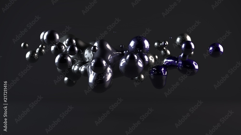 Poster 3d illustration of molten metal, silver and mercury. drops floating in weightlessness and flying to 