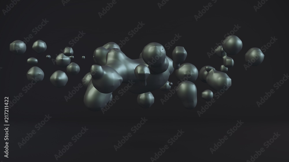 Poster beautiful 3d illustration of molten precious metal. drops floating in weightlessness and flying to t