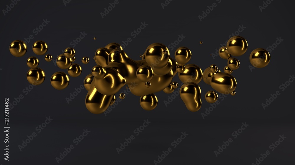 Poster 3d illustration of molten metal, gold. drops floating in weightlessness and flying to the sides. an 