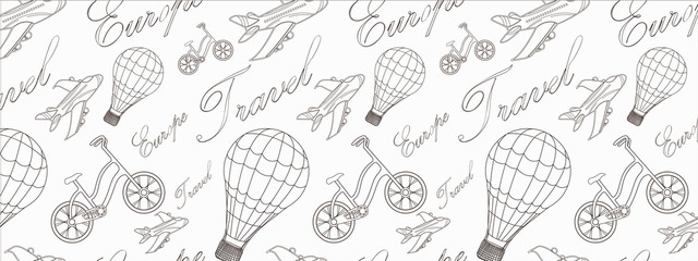 Travel pattern with balloon, airplane, bicycle and inscriptions, on a white background oblong illustration