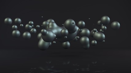 Beautiful 3D illustration of molten precious metal. Drops floating in weightlessness and flying to the sides. An abstract image in a dark space. The idea of wealth and success. 3D rendering