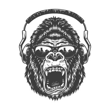 Gorilla with headphones