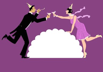 People dressed in 1920 fashion celebrating new year or a birthday, having campaign or cocktails, EPS 8 vector illustration, copy space in a cartouche