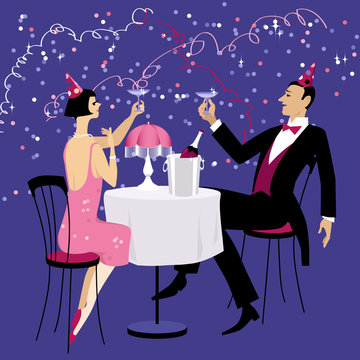 Couple dressed in 1920 fashion sitting at the table in a nightclub, having champagne and celebrating Christmas, new year or a birthday, EPS 8 vector illustration