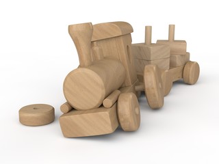 3D illustration of a wooden children's toy locomotive, which collapsed, broke. The idea of crash, crash, poor quality, low service, disaster. Image isolated on white background. 3D rendering
