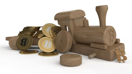 3D illustration of wooden steam locomotive toys and scattered gold coins bitcoin cryptocurrency. Disaster, we went and arrived. The collapse of bitcoin, inflation, depreciation of the cryptocurrency