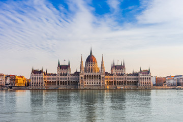 Fototapeta na wymiar Panorama cityscape of famous tourist destination Budapest with Danube, parliament and bridges. Travel landscape in Hungary, Europe.
