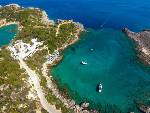 Aerial birds eye view drone photo Ladiko bay and Anthony Quinn on Rhodes island, Dodecanese, Greece. Panorama with nice lagoon and clear blue water. Famous tourist destination in South Europe