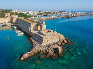 Aerial birds eye view drone photo of Rhodes city island, Dodecanese, Greece. Panorama with Mandraki...