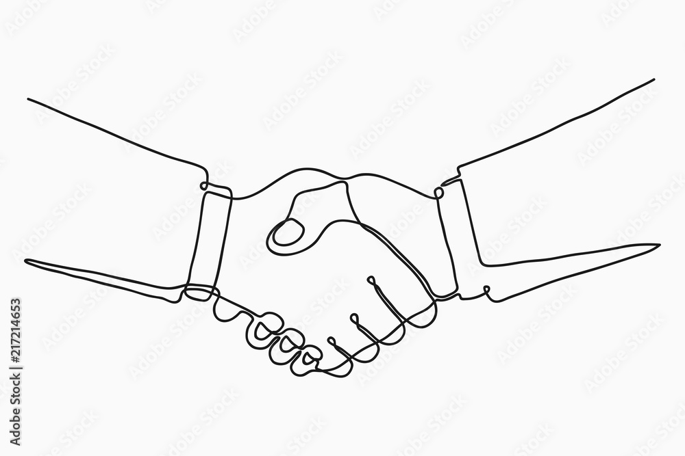 Poster continuous line drawing of handshake. handshaking of business partners drawn by one single line. vec