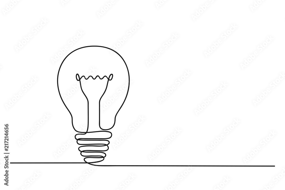 Poster continuous one line drawing of electric light bulb. concept of idea emergence. vector illustration.
