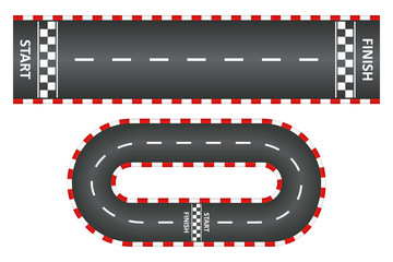 Racing track, top view of asphalt roads set, kart race with start and finish line. Vector illustration.