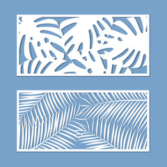 Card for cutting set. Template with palm leaves pattern for laser cut. Vector illustration.
