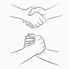 Handshake hand-drawn signs set. Brotherly and friendly drawing shake hands. Vector illustration.