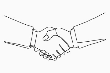 Continuous line drawing of handshake. Handshaking of business partners drawn by one single line. Vector illustration.