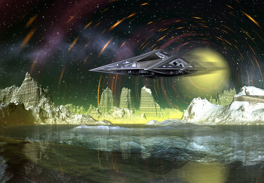 3D Rendered Fantasy Alien Landscape with space ship - 3D Illustration