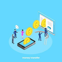 isometric image, people in business suits next to a computer monitor and a smartphone, the transfer of electronic money