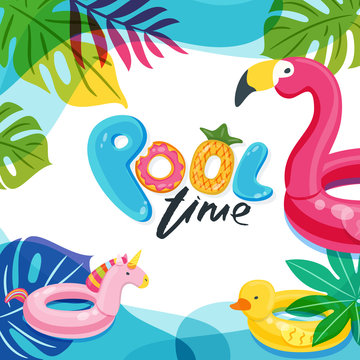 Swimming pool time. Flamingo, duck and unicorn float kids toys. Beach party vector poster, flyer, banner design template